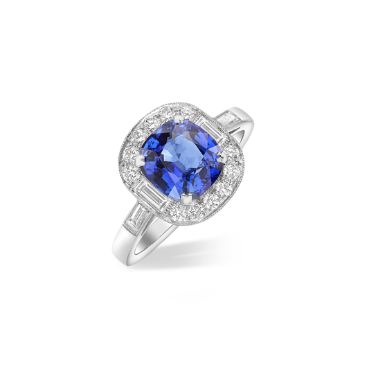 Vintage cushion cut sapphire and diamond cluster ring