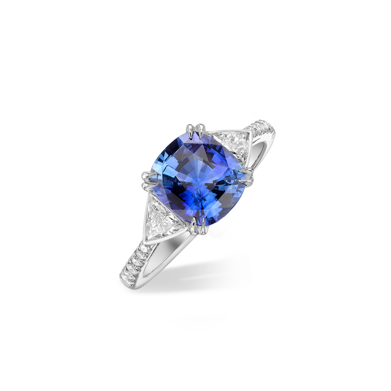 Cushion cut sapphire and trillion diamond ring