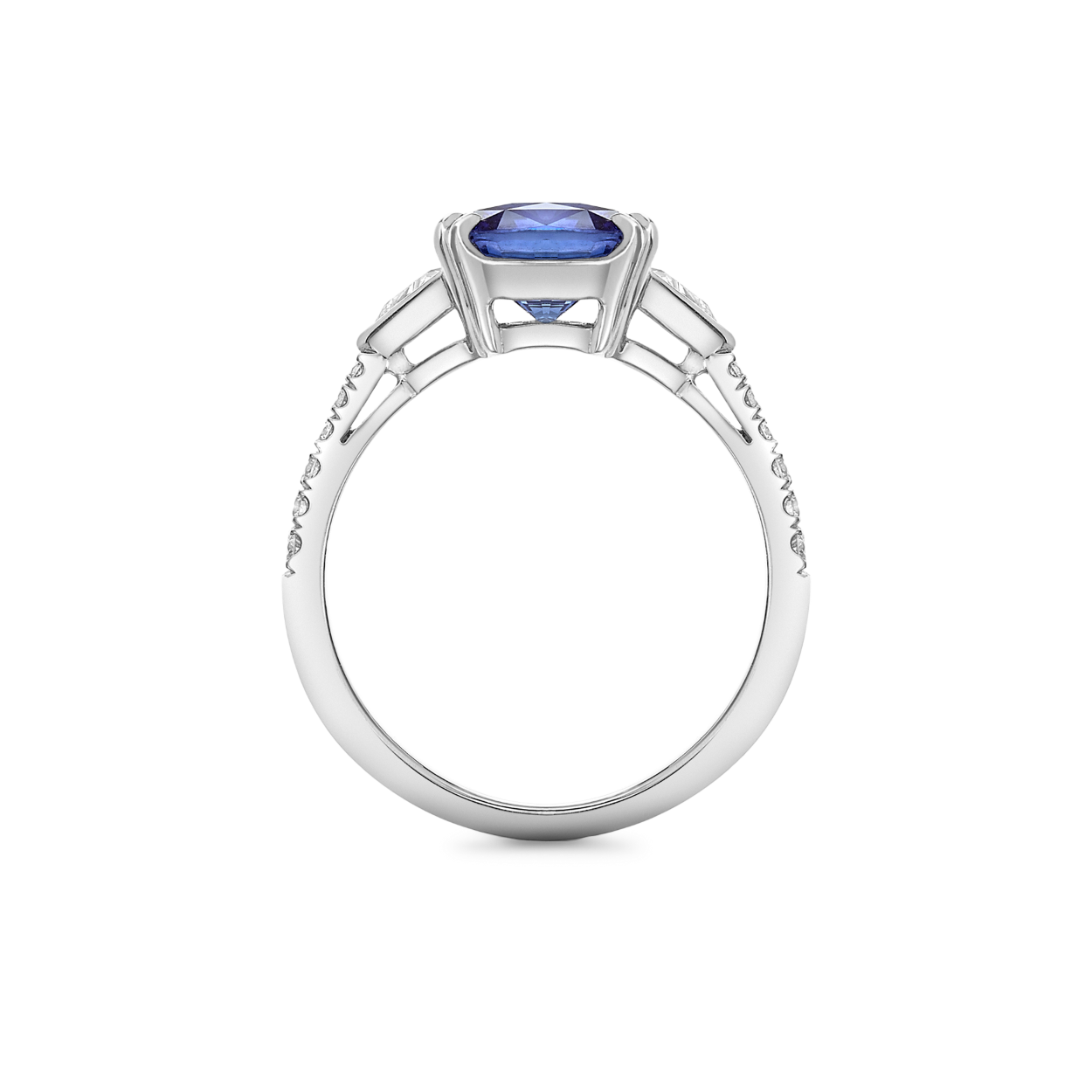 Cushion cut sapphire and trillion diamond ring