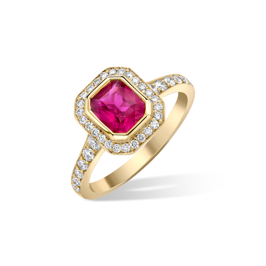 Radiant cut ruby and diamond cluster ring