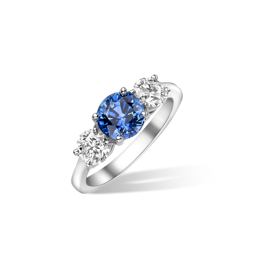 Round blue sapphire and diamond ring