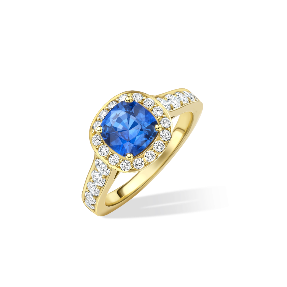 Cushion sapphire and diamond cluster ring