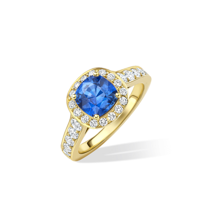 Cushion sapphire and diamond cluster ring