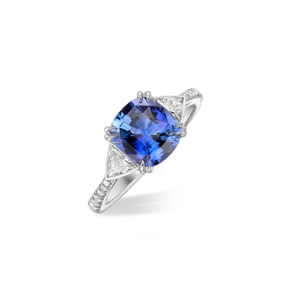 Cushion cut sapphire and trillion diamond ring