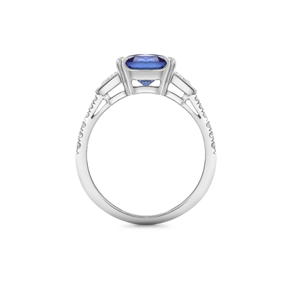 Cushion cut sapphire and trillion diamond ring