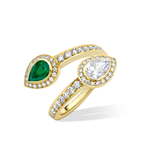 Emerald and diamond crossover ring