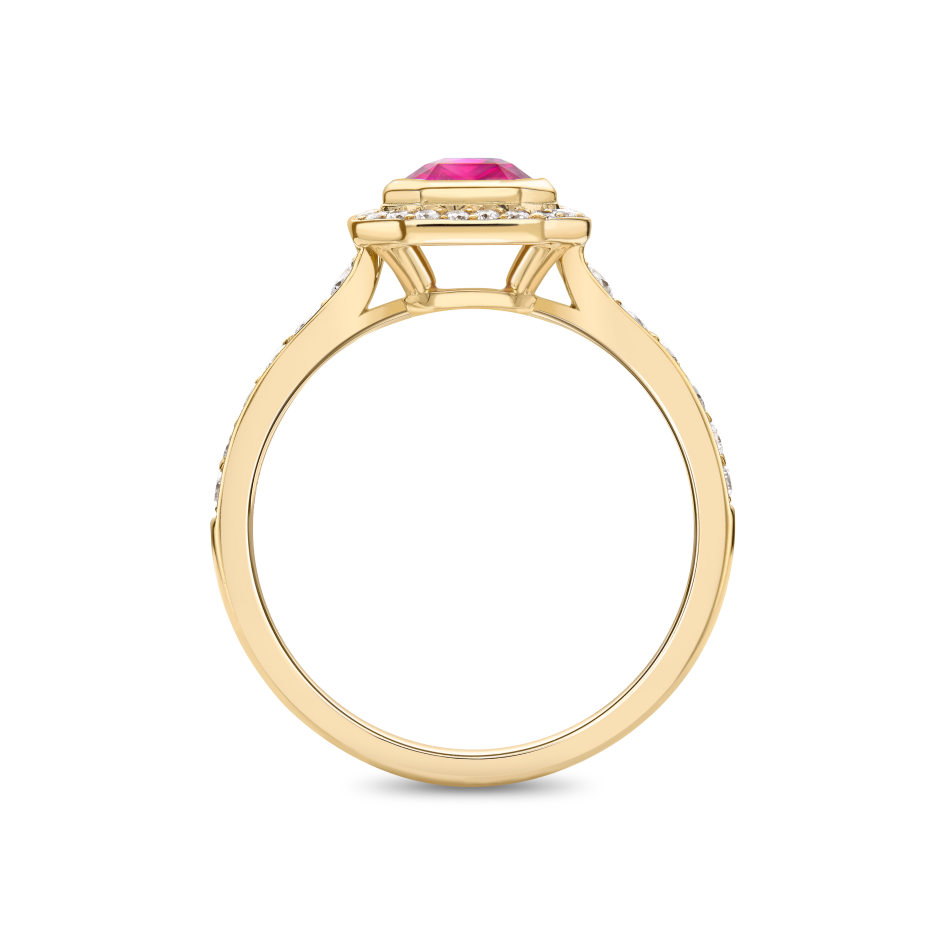 Radiant cut ruby and diamond cluster ring