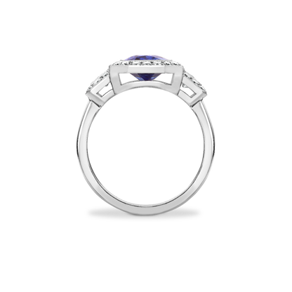 Radiant cut sapphire and trapeze diamond cluster ring