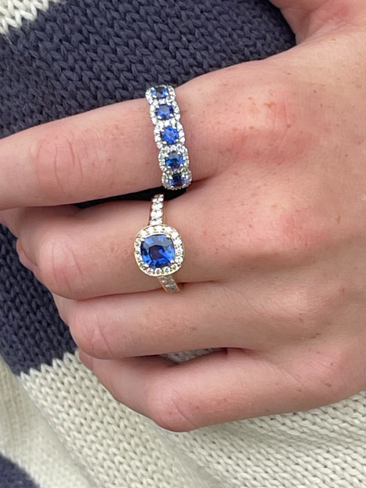 Cushion sapphire and diamond cluster ring